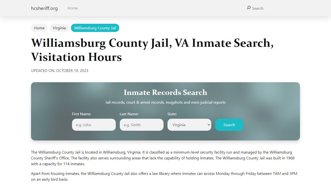 Williamsburg County Jail, VA Inmate Search, Visitation Hours